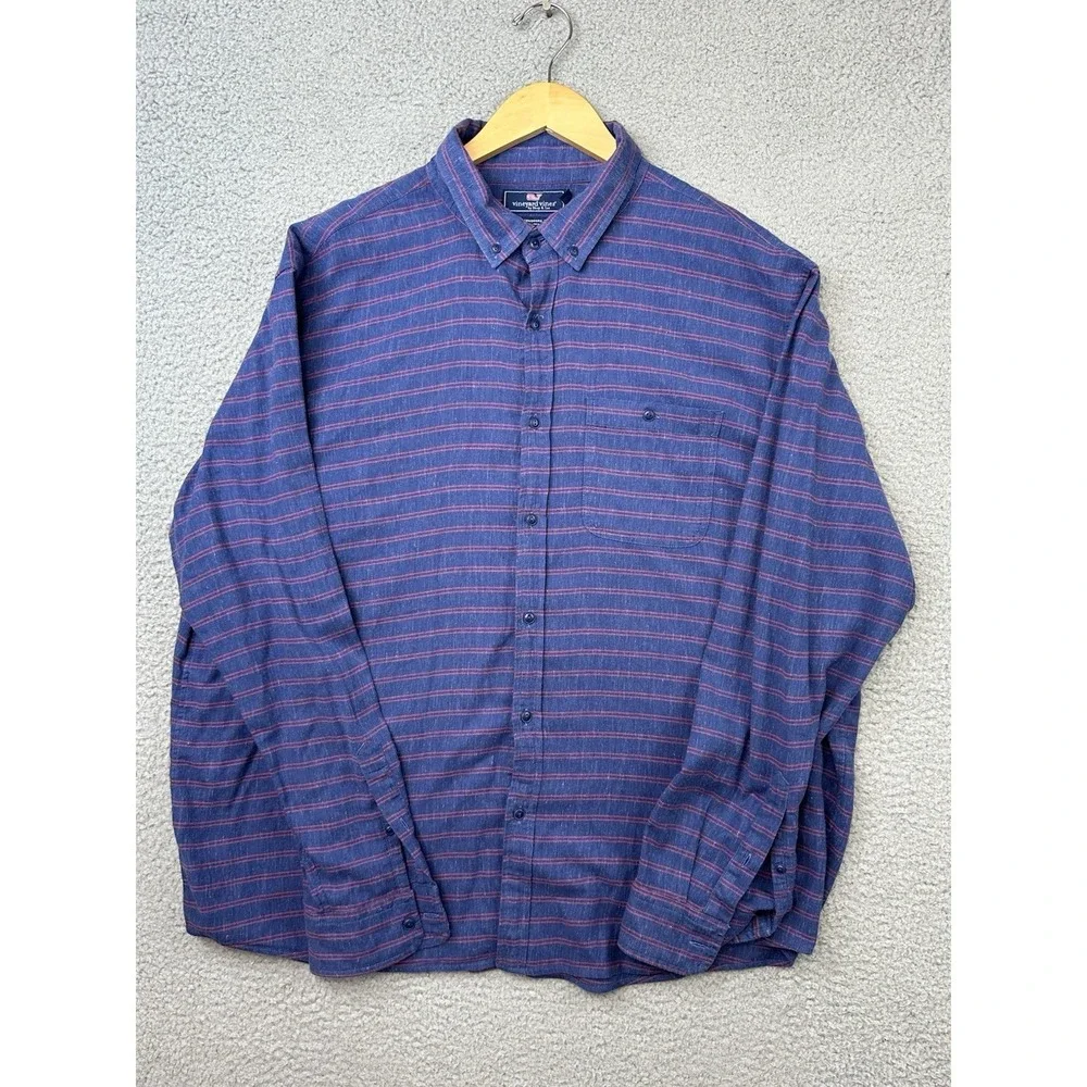 Vineyard Vines Slim Longshore Shirt Mens Sz XL Blue Red Striped Linen Blend